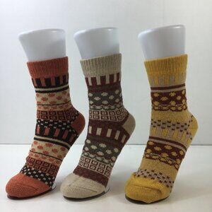 Womens Knit Crew Socks 3-Pack Retro Pattern Ribbed Cuff Brown Beige Yellow